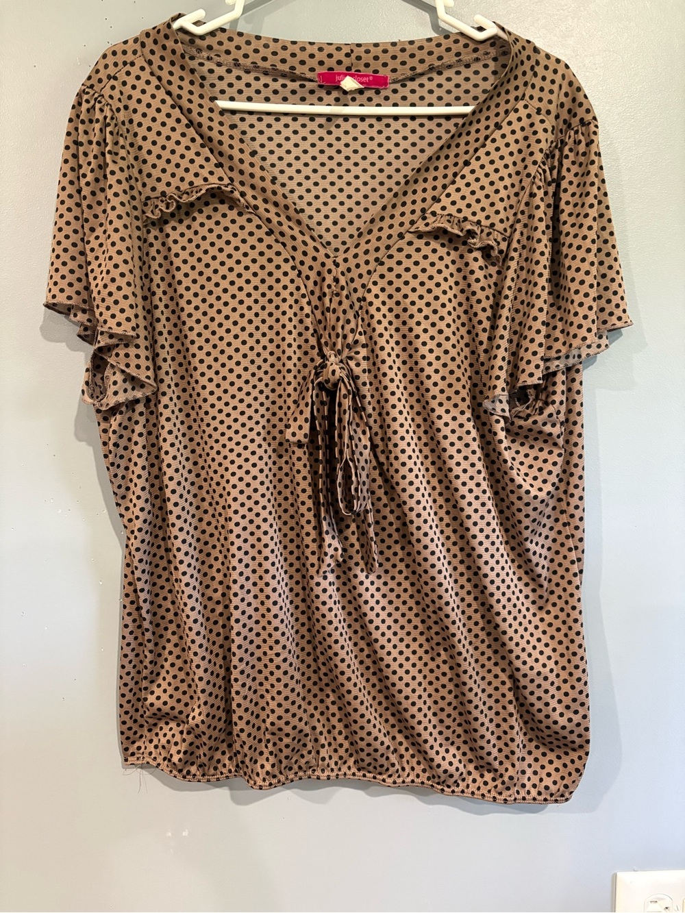 Vintage Julie's Closet Brown Polka Dot Tie V-Neck Flutter Sleeve Blouse Top XL